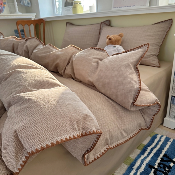 91家纺网 家纺一手货源 找家纺 XIWEN-希文家纺 2026新款40支全棉色织水洗棉贝壳边四件套 米菲-卡其