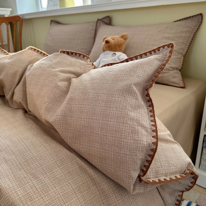 91家纺网 家纺一手货源 找家纺 XIWEN-希文家纺 2026新款40支全棉色织水洗棉贝壳边四件套 米菲-卡其