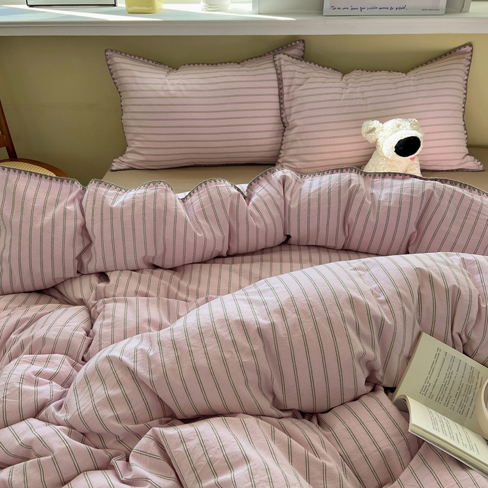 91家纺网 家纺一手货源 找家纺 XIWEN-希文家纺 2026新款40支全棉色织水洗棉贝壳边四件套 双条-粉