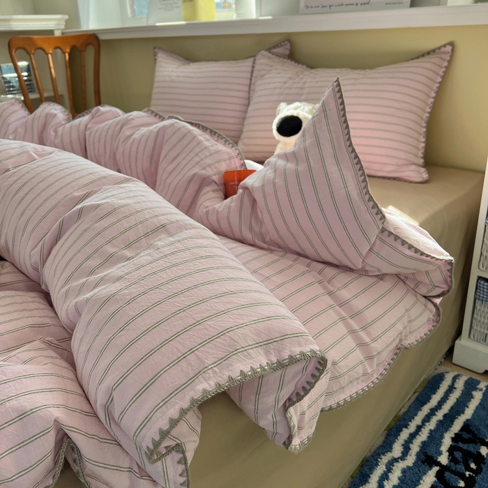 91家纺网 家纺一手货源 找家纺 XIWEN-希文家纺 2026新款40支全棉色织水洗棉贝壳边四件套 双条-粉