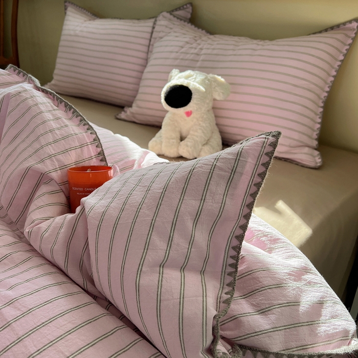 91家纺网 家纺一手货源 找家纺 XIWEN-希文家纺 2026新款40支全棉色织水洗棉贝壳边四件套 双条-粉