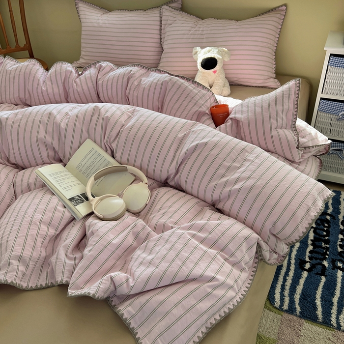 91家纺网 家纺一手货源 找家纺 XIWEN-希文家纺 2026新款40支全棉色织水洗棉贝壳边四件套 双条-粉