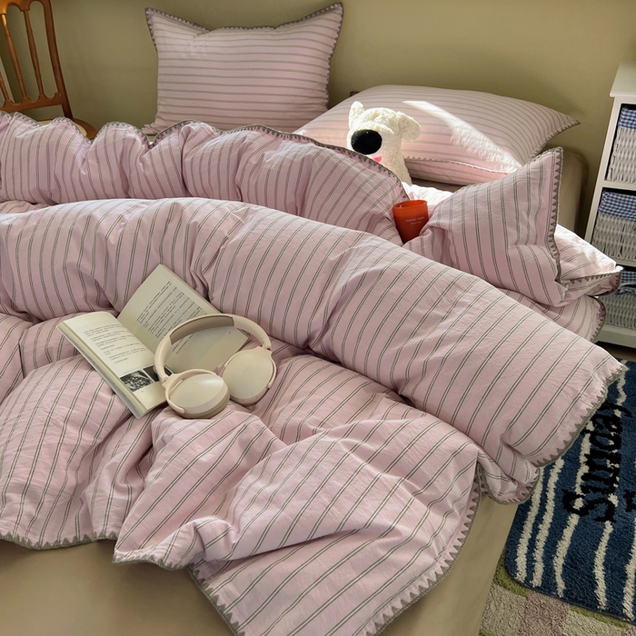 91家纺网 家纺一手货源 找家纺 XIWEN-希文家纺 2026新款40支全棉色织水洗棉贝壳边四件套 双条-粉