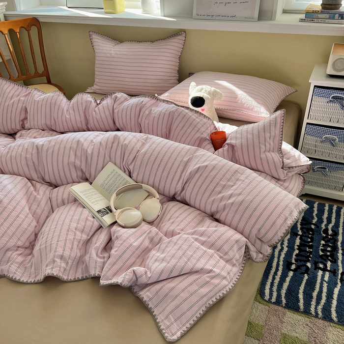 91家纺网 家纺一手货源 找家纺 XIWEN-希文家纺 2026新款40支全棉色织水洗棉贝壳边四件套 双条-粉