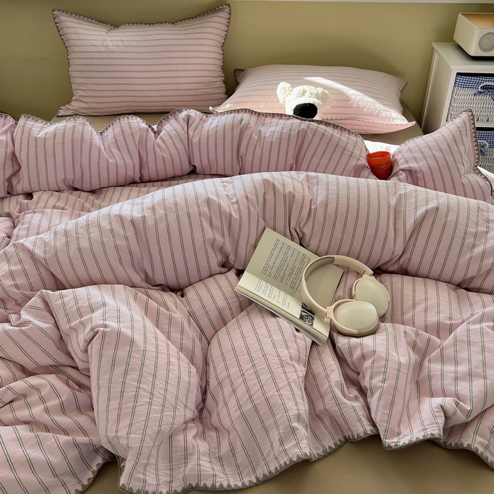 91家纺网 家纺一手货源 找家纺 XIWEN-希文家纺 2026新款40支全棉色织水洗棉贝壳边四件套 双条-粉