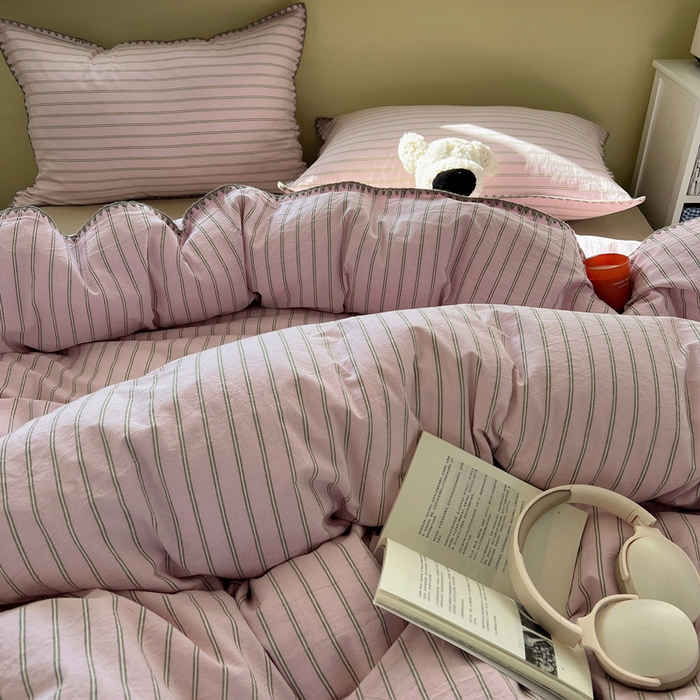 91家纺网 家纺一手货源 找家纺 XIWEN-希文家纺 2026新款40支全棉色织水洗棉贝壳边四件套 双条-粉