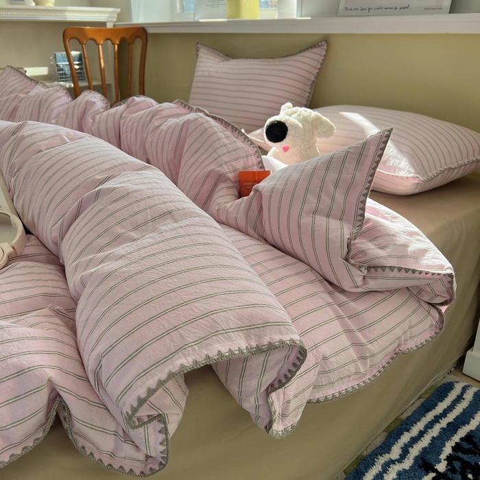 91家纺网 家纺一手货源 找家纺 XIWEN-希文家纺 2026新款40支全棉色织水洗棉贝壳边四件套 双条-粉