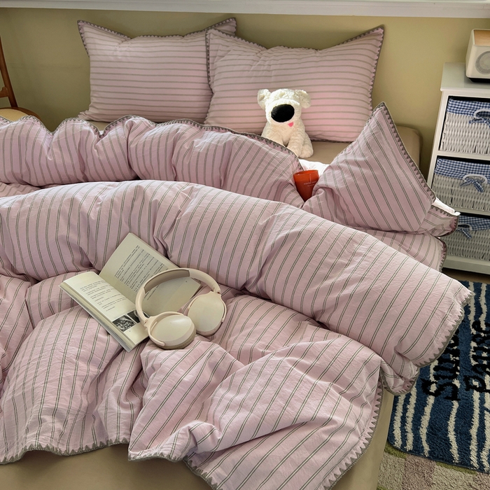 91家纺网 家纺一手货源 找家纺 XIWEN-希文家纺 2026新款40支全棉色织水洗棉贝壳边四件套 双条-粉