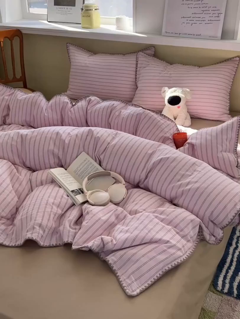 91家纺网 家纺一手货源 找家纺 XIWEN-希文家纺 2026新款40支全棉色织水洗棉贝壳边四件套 双条-粉