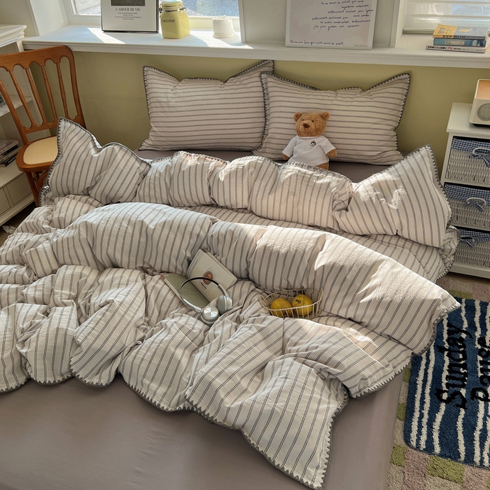 XIWEN-希文家纺 2026新款40支全棉色织水洗棉贝壳边四件套 双条-灰