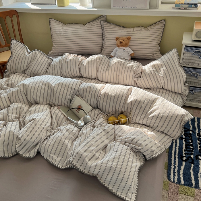 91家纺网 家纺一手货源 找家纺 XIWEN-希文家纺 2026新款40支全棉色织水洗棉贝壳边四件套 双条-灰