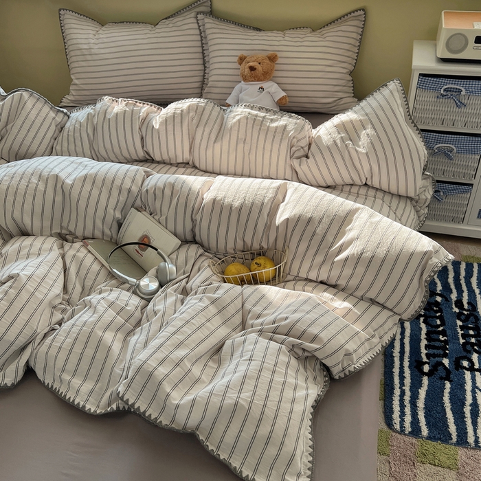 91家纺网 家纺一手货源 找家纺 XIWEN-希文家纺 2026新款40支全棉色织水洗棉贝壳边四件套 双条-灰