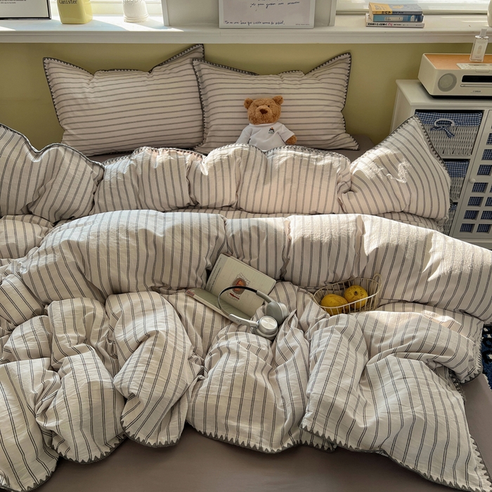 91家纺网 家纺一手货源 找家纺 XIWEN-希文家纺 2026新款40支全棉色织水洗棉贝壳边四件套 双条-灰