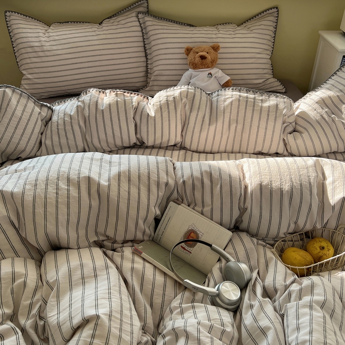 91家纺网 家纺一手货源 找家纺 XIWEN-希文家纺 2026新款40支全棉色织水洗棉贝壳边四件套 双条-灰