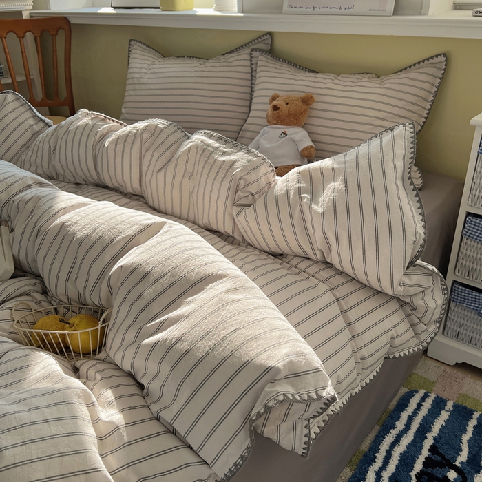 91家纺网 家纺一手货源 找家纺 XIWEN-希文家纺 2026新款40支全棉色织水洗棉贝壳边四件套 双条-灰