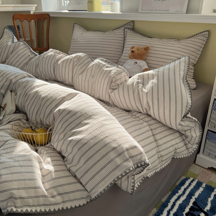 91家纺网 家纺一手货源 找家纺 XIWEN-希文家纺 2026新款40支全棉色织水洗棉贝壳边四件套 双条-灰