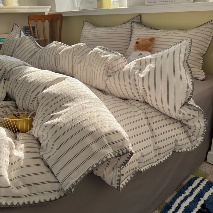 91家纺网 家纺一手货源 找家纺 XIWEN-希文家纺 2026新款40支全棉色织水洗棉贝壳边四件套 双条-灰