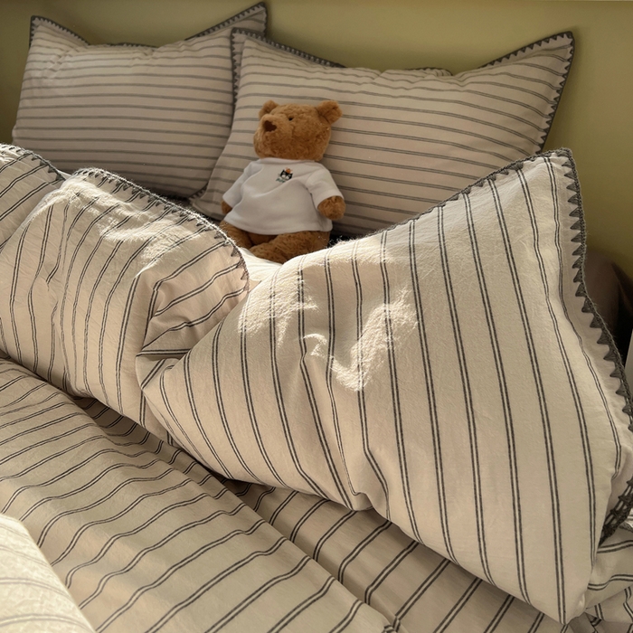 91家纺网 家纺一手货源 找家纺 XIWEN-希文家纺 2026新款40支全棉色织水洗棉贝壳边四件套 双条-灰