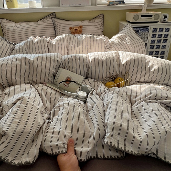 91家纺网 家纺一手货源 找家纺 XIWEN-希文家纺 2026新款40支全棉色织水洗棉贝壳边四件套 双条-灰