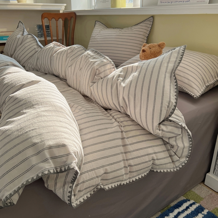 91家纺网 家纺一手货源 找家纺 XIWEN-希文家纺 2026新款40支全棉色织水洗棉贝壳边四件套 双条-灰