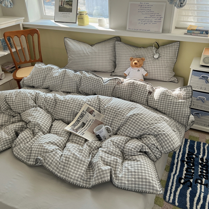 XIWEN-希文家纺 2026新款40支全棉色织水洗棉贝壳边四件套 未央-灰