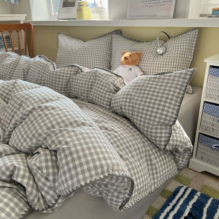 91家纺网 家纺一手货源 找家纺 XIWEN-希文家纺 2026新款40支全棉色织水洗棉贝壳边四件套 未央-灰