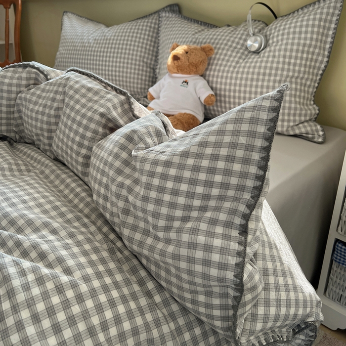 91家纺网 家纺一手货源 找家纺 XIWEN-希文家纺 2026新款40支全棉色织水洗棉贝壳边四件套 未央-灰