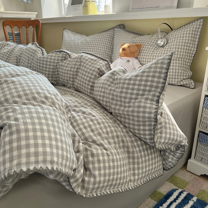 91家纺网 家纺一手货源 找家纺 XIWEN-希文家纺 2026新款40支全棉色织水洗棉贝壳边四件套 未央-灰