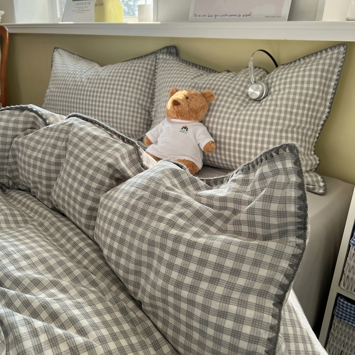 91家纺网 家纺一手货源 找家纺 XIWEN-希文家纺 2026新款40支全棉色织水洗棉贝壳边四件套 未央-灰