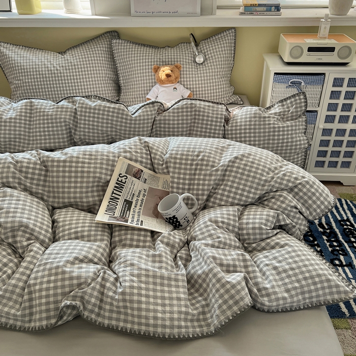 91家纺网 家纺一手货源 找家纺 XIWEN-希文家纺 2026新款40支全棉色织水洗棉贝壳边四件套 未央-灰