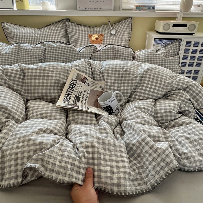 91家纺网 家纺一手货源 找家纺 XIWEN-希文家纺 2026新款40支全棉色织水洗棉贝壳边四件套 未央-灰