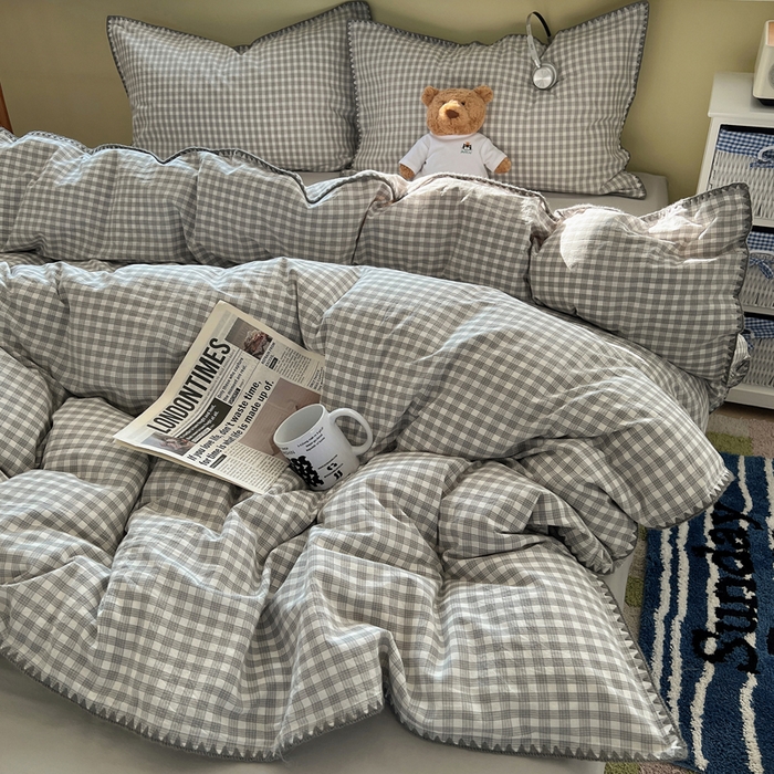 91家纺网 家纺一手货源 找家纺 XIWEN-希文家纺 2026新款40支全棉色织水洗棉贝壳边四件套 未央-灰