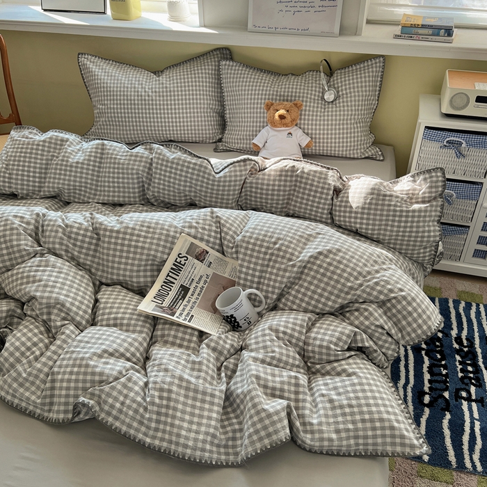 91家纺网 家纺一手货源 找家纺 XIWEN-希文家纺 2026新款40支全棉色织水洗棉贝壳边四件套 未央-灰