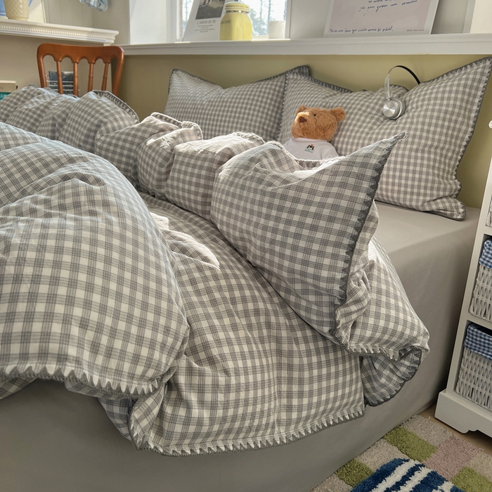 91家纺网 家纺一手货源 找家纺 XIWEN-希文家纺 2026新款40支全棉色织水洗棉贝壳边四件套 未央-灰