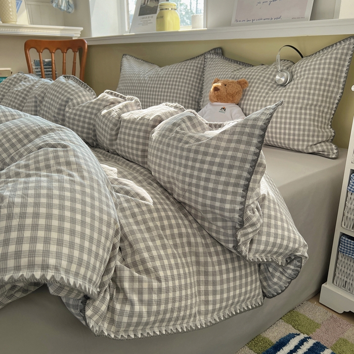 91家纺网 家纺一手货源 找家纺 XIWEN-希文家纺 2026新款40支全棉色织水洗棉贝壳边四件套 未央-灰