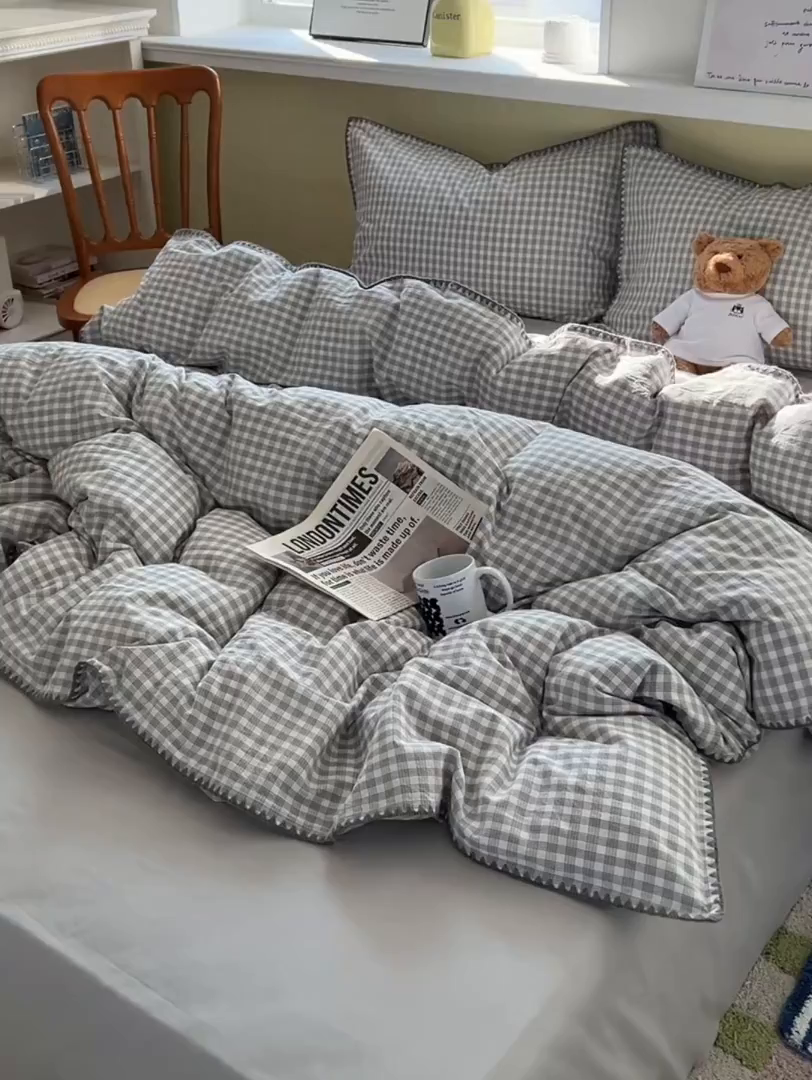 91家纺网 家纺一手货源 找家纺 XIWEN-希文家纺 2026新款40支全棉色织水洗棉贝壳边四件套 未央-灰