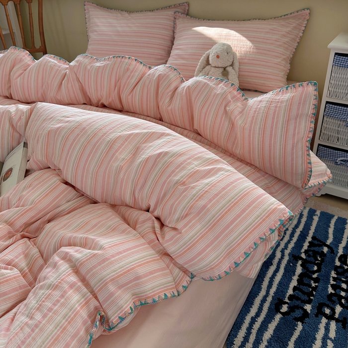 91家纺网 家纺一手货源 找家纺 XIWEN-希文家纺 2026新款40支全棉色织水洗棉贝壳边四件套 小时光-粉