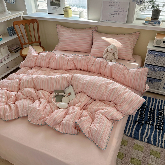 91家纺网 家纺一手货源 找家纺 XIWEN-希文家纺 2026新款40支全棉色织水洗棉贝壳边四件套 小时光-粉