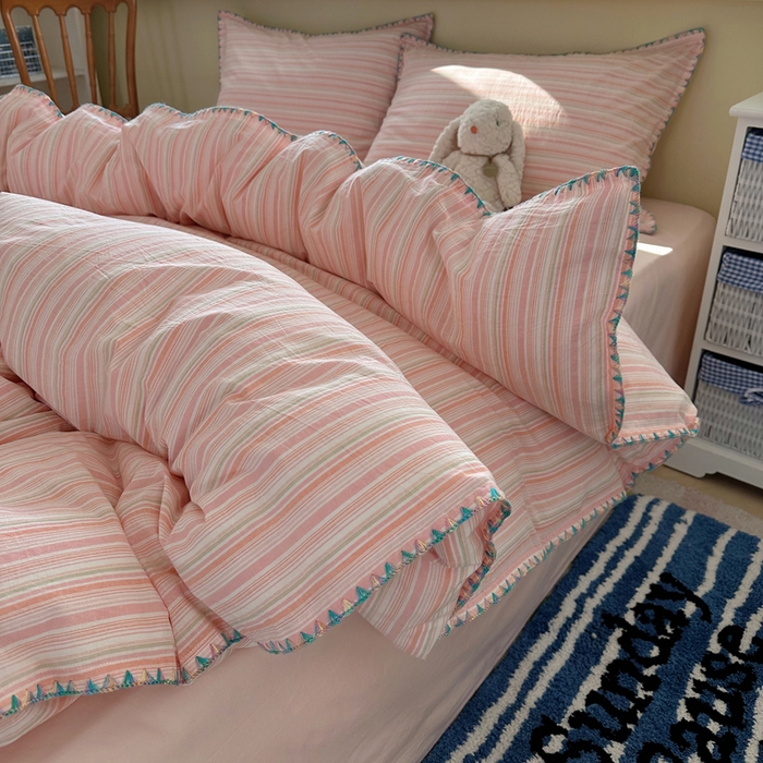 91家纺网 家纺一手货源 找家纺 XIWEN-希文家纺 2026新款40支全棉色织水洗棉贝壳边四件套 小时光-粉