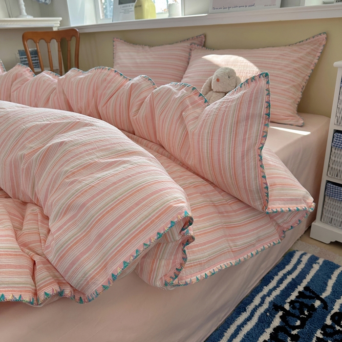 91家纺网 家纺一手货源 找家纺 XIWEN-希文家纺 2026新款40支全棉色织水洗棉贝壳边四件套 小时光-粉