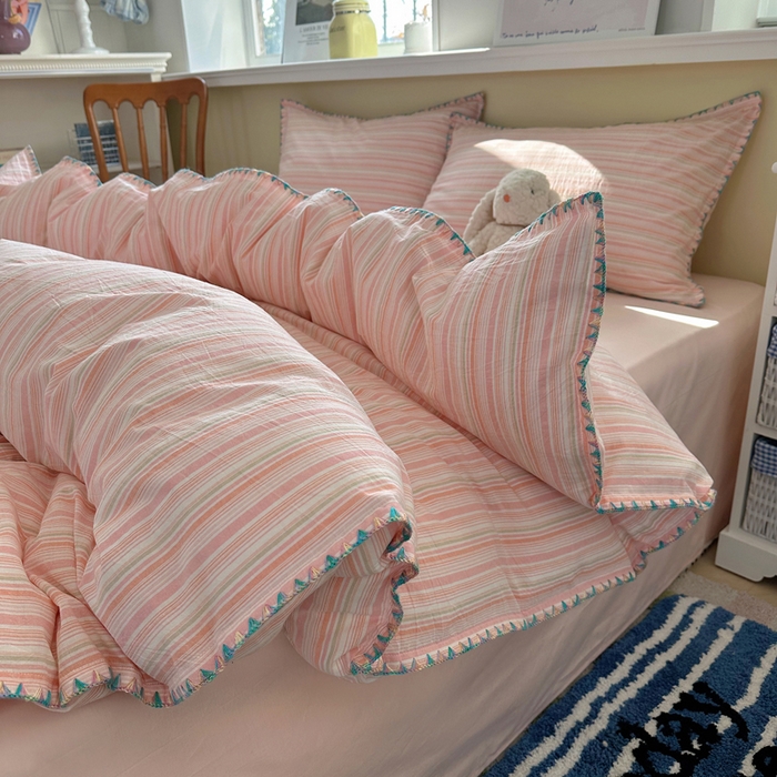 91家纺网 家纺一手货源 找家纺 XIWEN-希文家纺 2026新款40支全棉色织水洗棉贝壳边四件套 小时光-粉