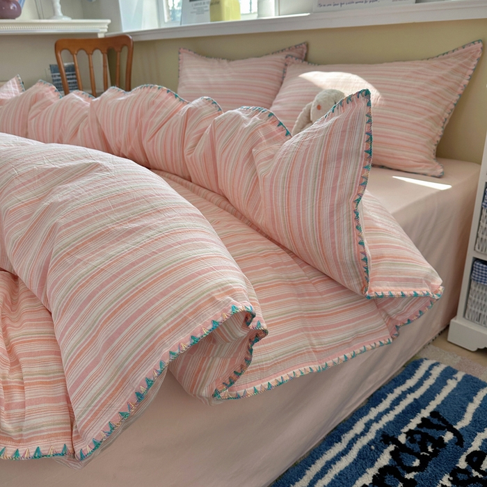 91家纺网 家纺一手货源 找家纺 XIWEN-希文家纺 2026新款40支全棉色织水洗棉贝壳边四件套 小时光-粉