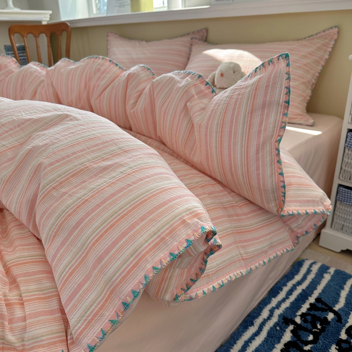 91家纺网 家纺一手货源 找家纺 XIWEN-希文家纺 2026新款40支全棉色织水洗棉贝壳边四件套 小时光-粉