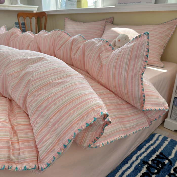 91家纺网 家纺一手货源 找家纺 XIWEN-希文家纺 2026新款40支全棉色织水洗棉贝壳边四件套 小时光-粉