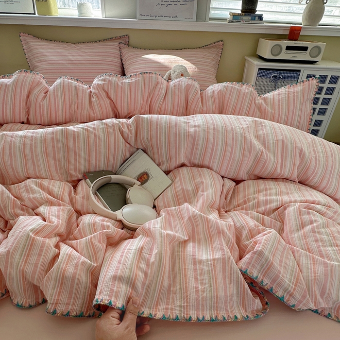 91家纺网 家纺一手货源 找家纺 XIWEN-希文家纺 2026新款40支全棉色织水洗棉贝壳边四件套 小时光-粉