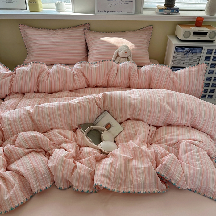 91家纺网 家纺一手货源 找家纺 XIWEN-希文家纺 2026新款40支全棉色织水洗棉贝壳边四件套 小时光-粉