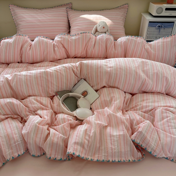 91家纺网 家纺一手货源 找家纺 XIWEN-希文家纺 2026新款40支全棉色织水洗棉贝壳边四件套 小时光-粉