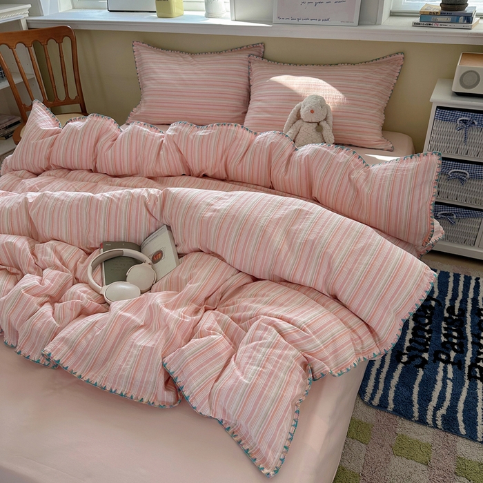 91家纺网 家纺一手货源 找家纺 XIWEN-希文家纺 2026新款40支全棉色织水洗棉贝壳边四件套 小时光-粉