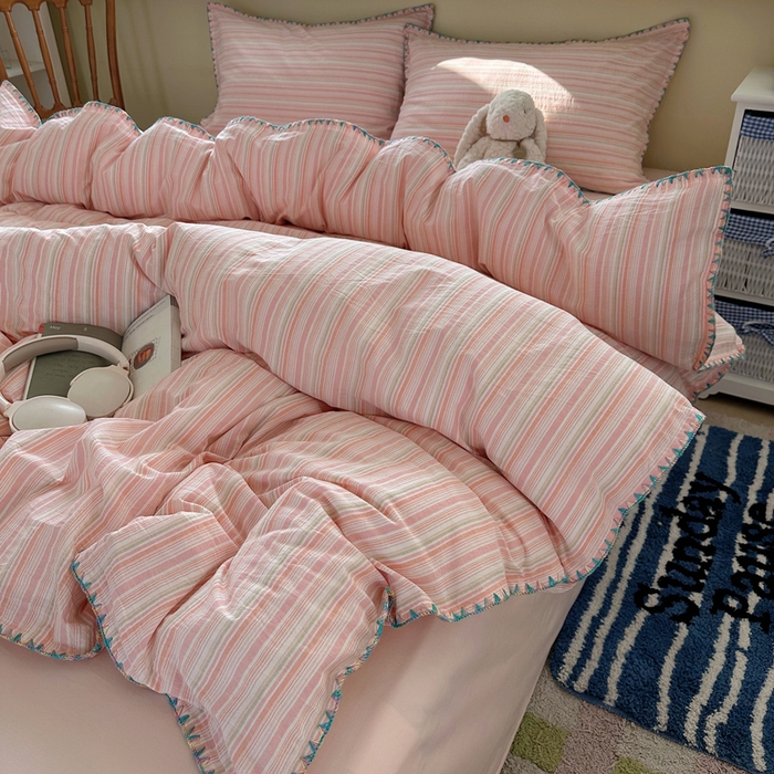 91家纺网 家纺一手货源 找家纺 XIWEN-希文家纺 2026新款40支全棉色织水洗棉贝壳边四件套 小时光-粉