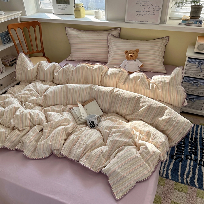 XIWEN-希文家纺 2026新款40支全棉色织水洗棉贝壳边四件套 小时光-绿